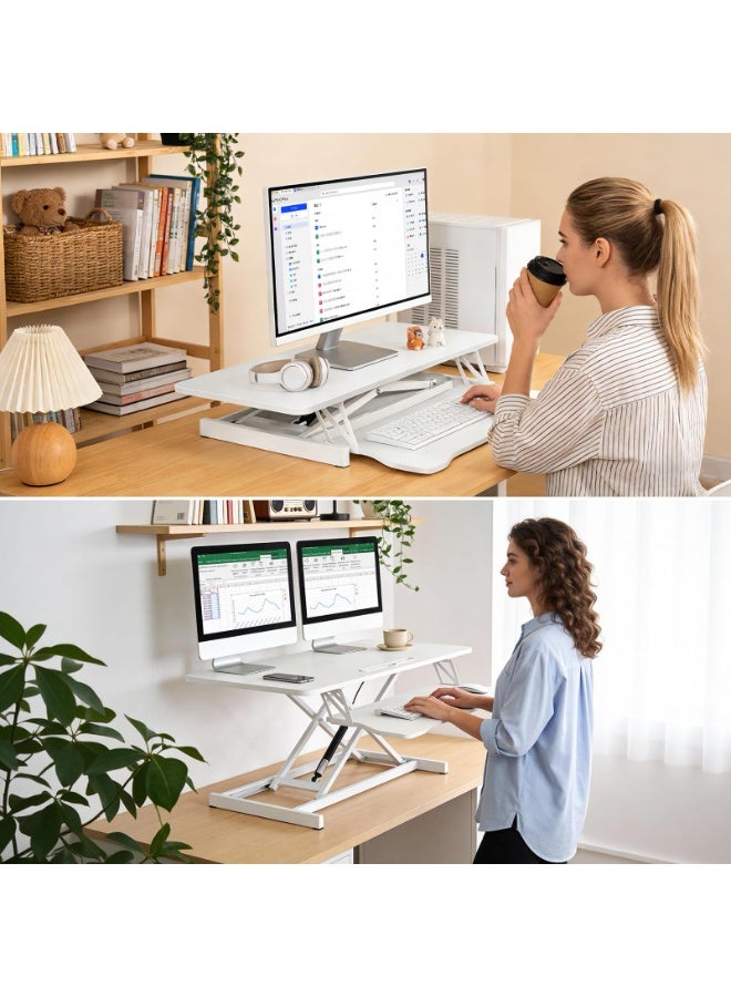 كيل › محول مكتب قائم قابل لتعديل الارتفاع باللون الأبيض 32 بوصة مريح مزدوج الإطار على شكل X مع حامل لوحة المفاتيح للمكتب والمنزل - Image 5